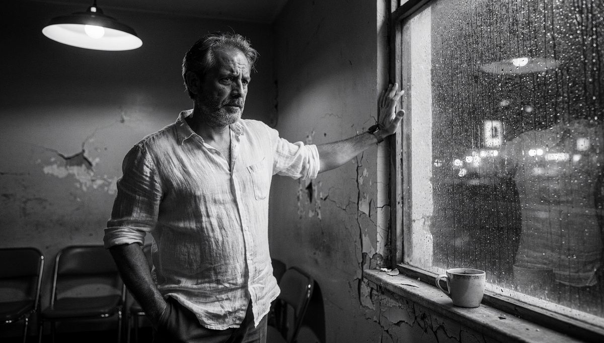 Man observing shared environment clues through rain-streaked window