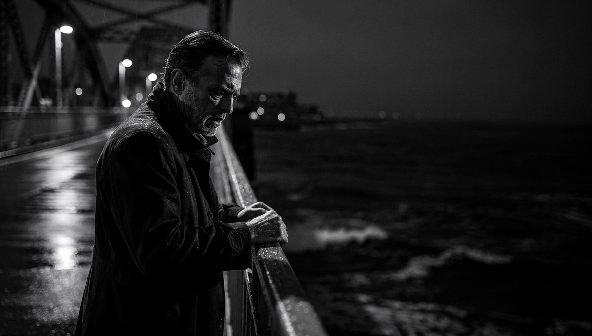 Man on bridge at dusk, self-awareness during transition