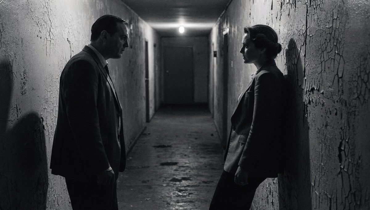 Two people navigating proxemics personal space in a narrow corridor