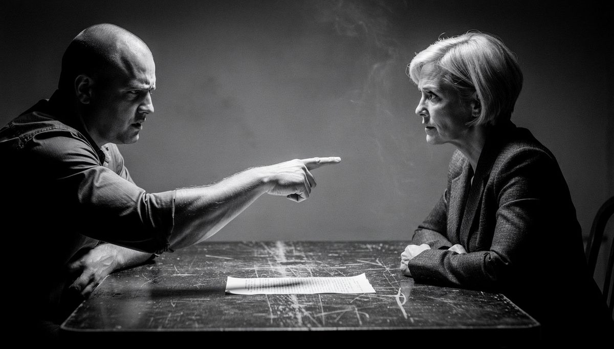 Two people in tense confrontation illustrating toxic trait projection