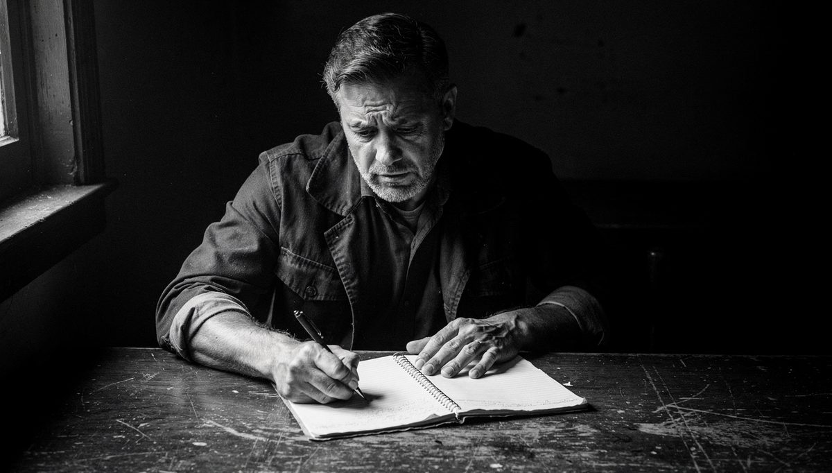 Man confronting toxic traits himself, writing in notebook alone