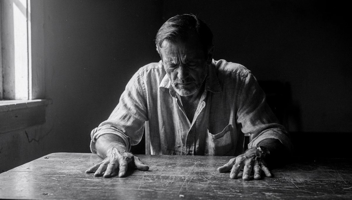 Man practicing breath control physical expression at wooden table