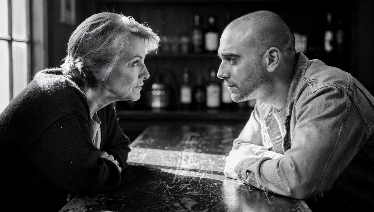 Two people mirroring body language in close focused conversation