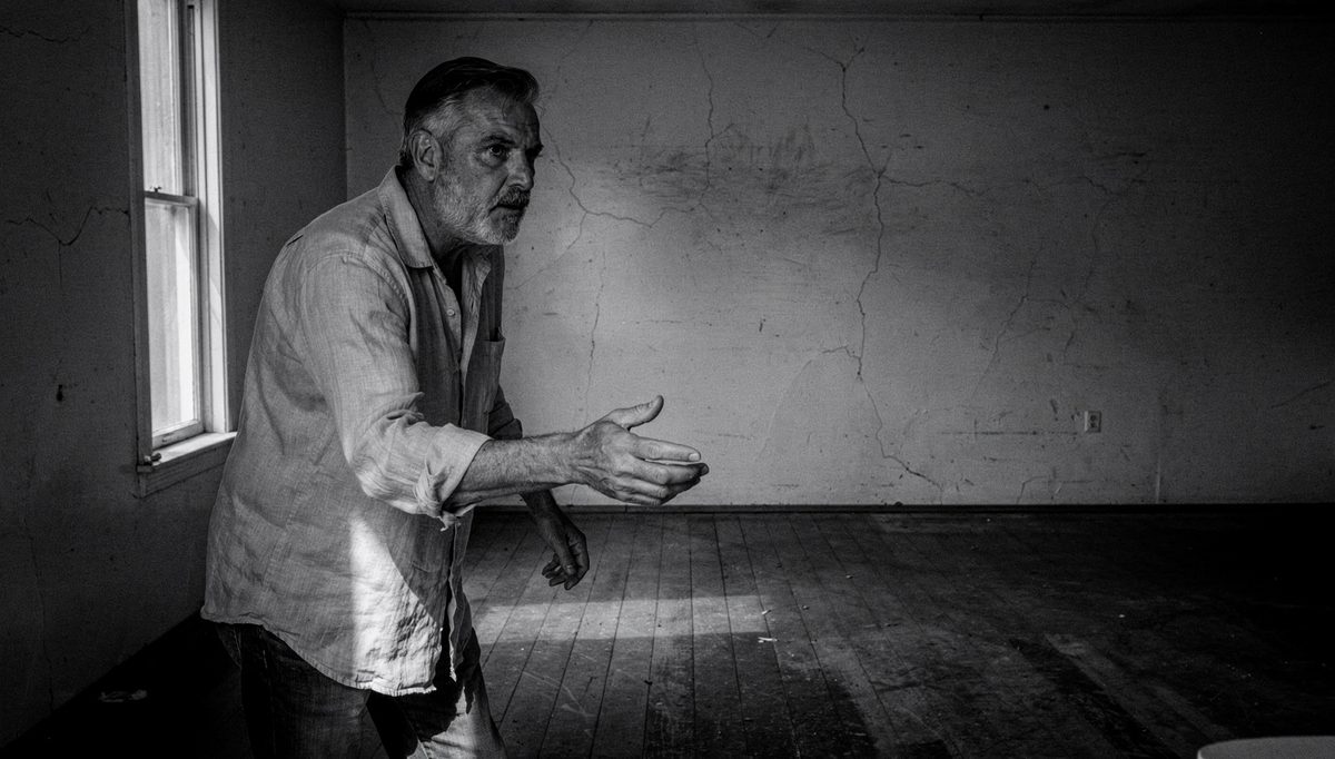 Man rehearsing gesture alone while practicing body language expressively