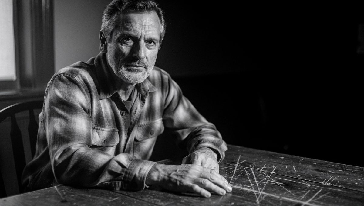 Man with neutral physical expression photographed in cinematic black and white