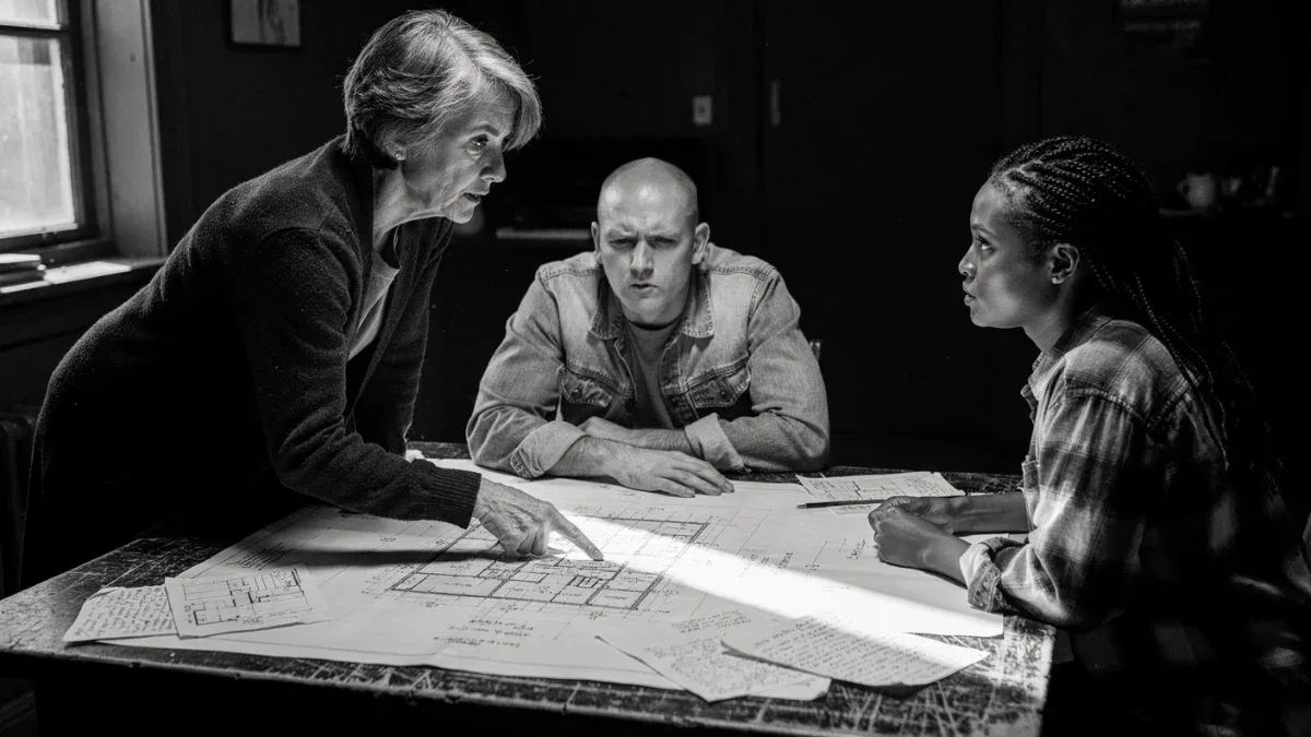 Three colleagues building multidisciplinary team synergy around blueprints