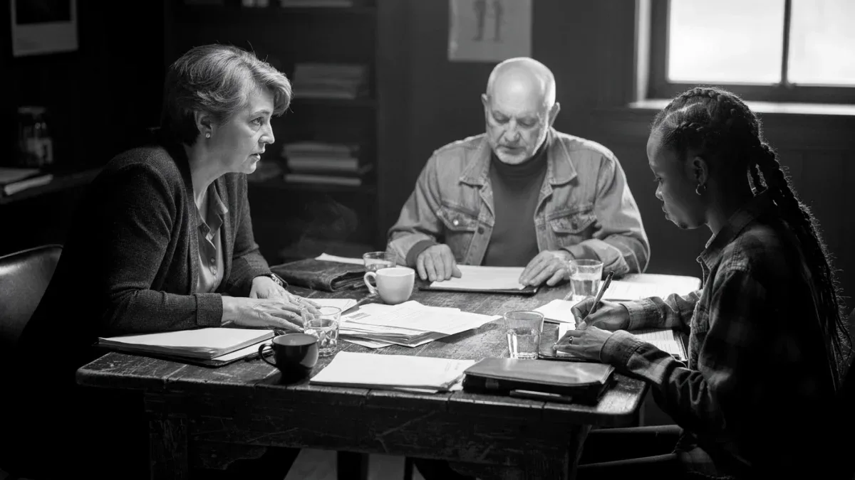 Four colleagues discussing team synergy around a worn wooden table