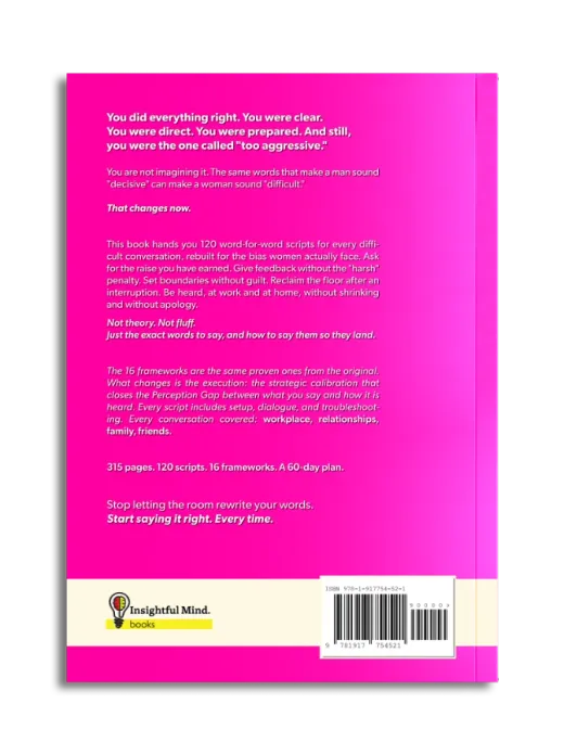Back cover of 'Say It Right Every Time for Women' by Eamon Blackthorn — pink blurb, 120 scripts, 16 frameworks, 60-day plan