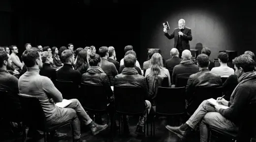 Eamon Blackthorn presenting his book Say It Right Every Time to a seated audience in a darkened venue