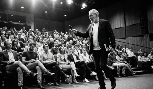 Eamon Blackthorn pacing the stage with a microphone before a packed tiered auditorium audience