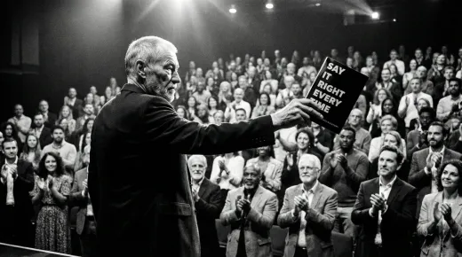 Eamon Blackthorn raising Say It Right Every Time toward a standing, applauding auditorium under stage lighting